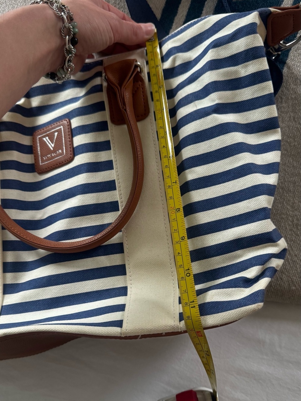 Navy Stripe Canvas Tote Bag with Brown Leather Trim - Picture 7 of 8